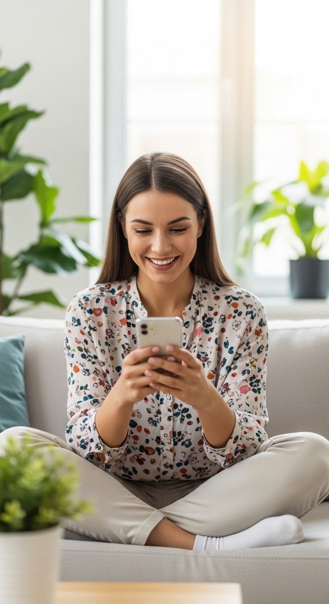 woman smiling at her phone in a bright living room