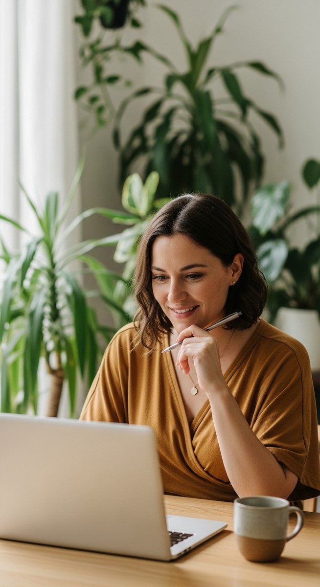 a woman smiling and thinking at her home office desk for side hustles