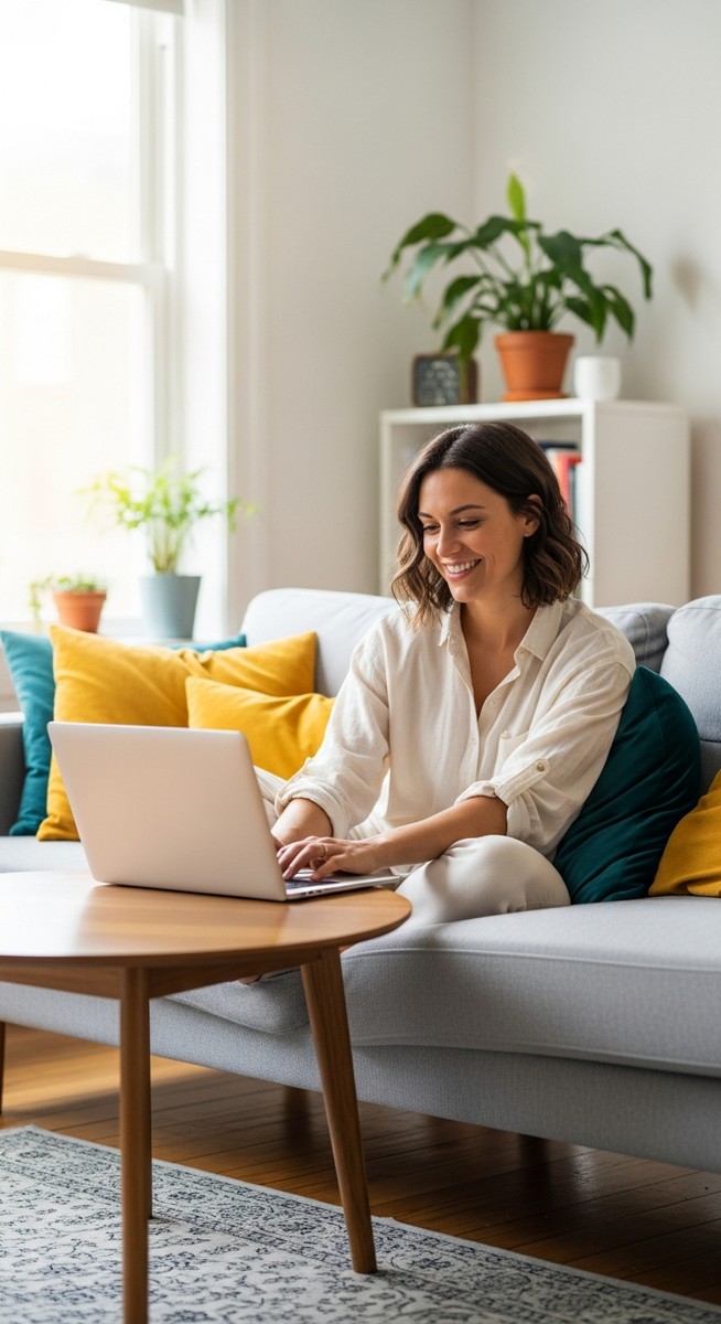 a woman smiling while working on her laptop at home for side hustles
