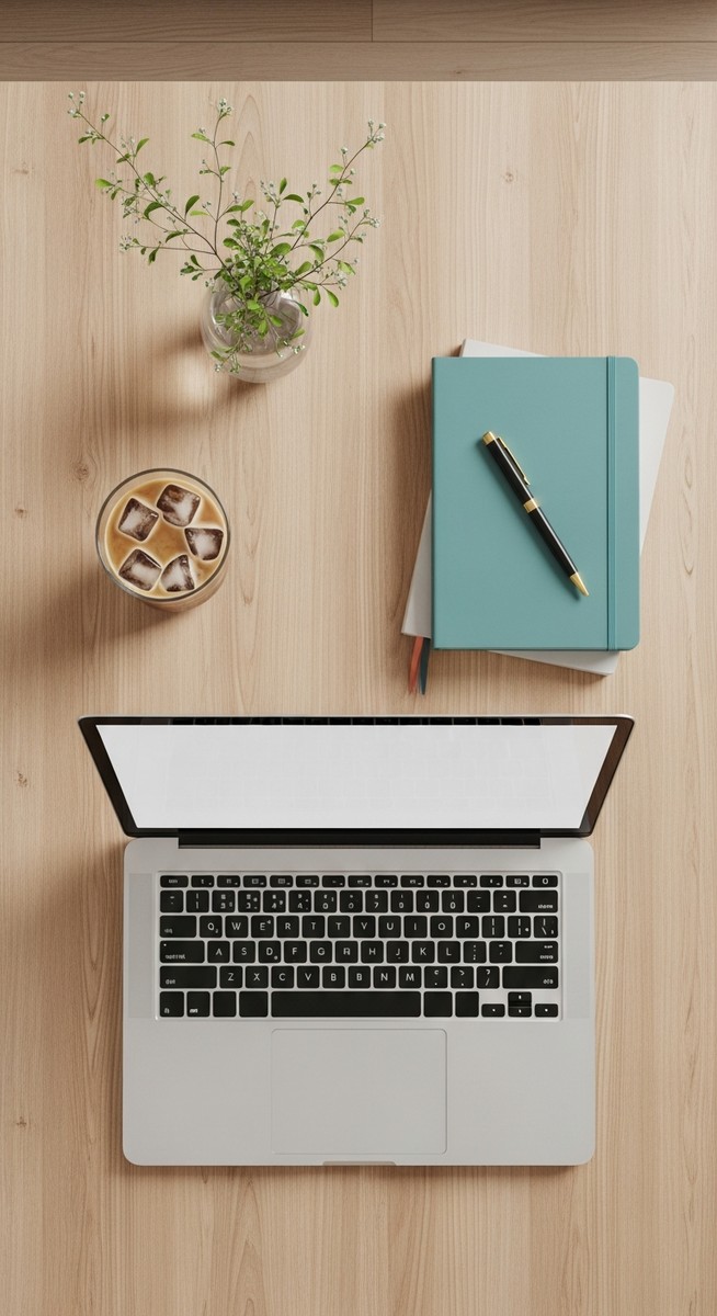 a flatlay of a laptop and teal notebook on a wooden desk for side hustles
