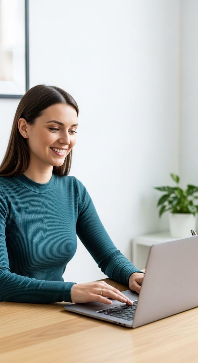 woman looking satisfied at her laptop screen at home