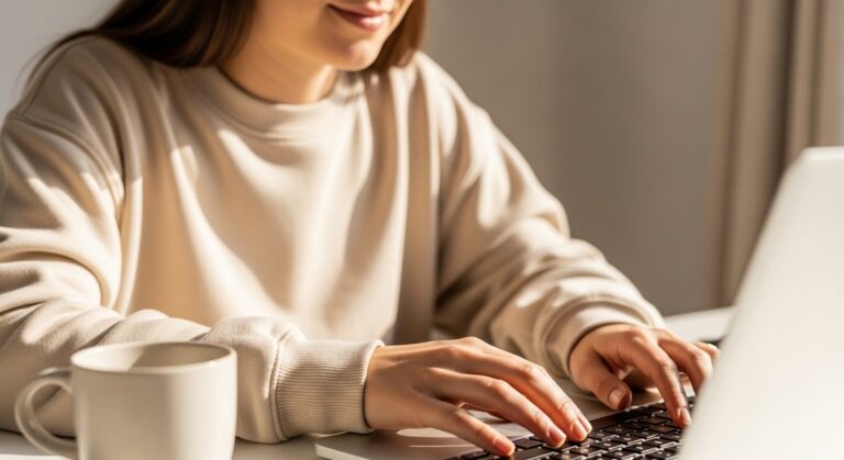 a woman typing on a laptop at a bright clean desk for side hustles