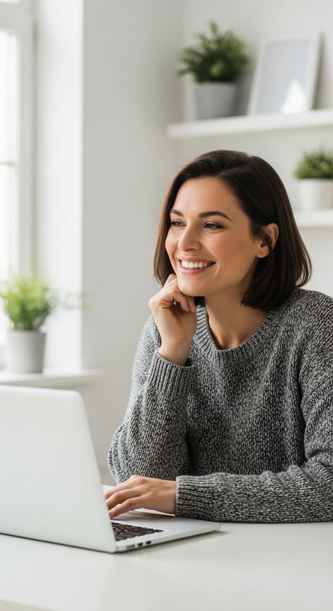 woman working confidently on her laptop at a bright home desk