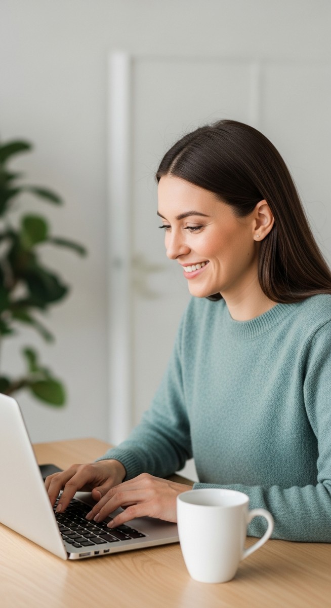 woman typing on a laptop at a bright clean desk