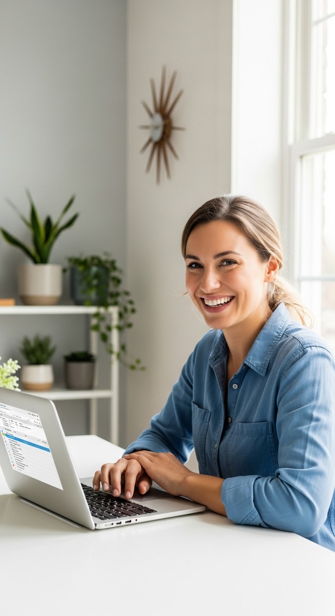 woman working confidently on her laptop at a bright home desk