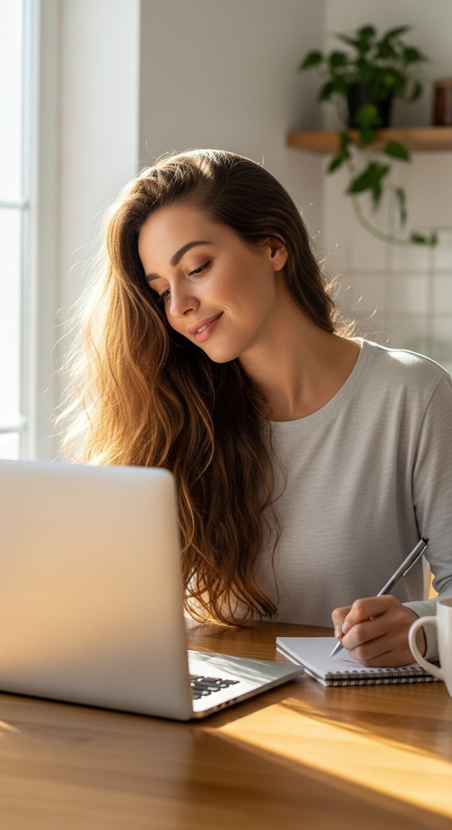 young woman taking notes next to her laptop at a kitchen table