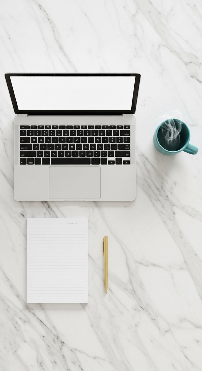 flatlay of a laptop and teal mug on a marble surface