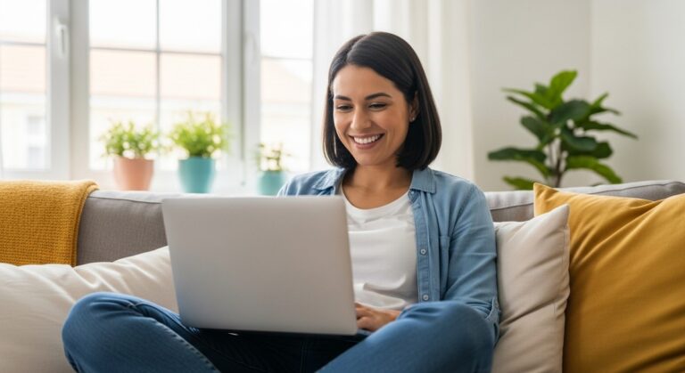 woman smiling while working on her laptop at home