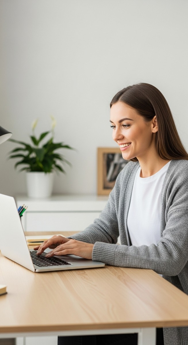 woman looking satisfied at her laptop screen at home