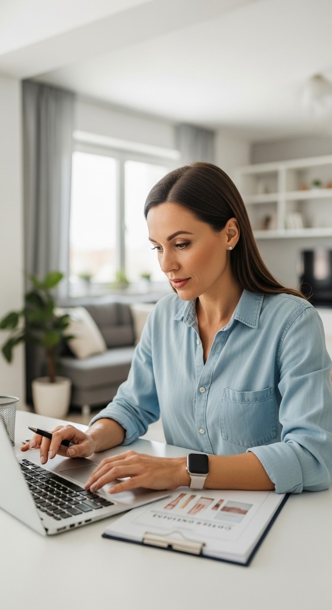 woman reviewing a cosmetic business page on a laptop at a home desk