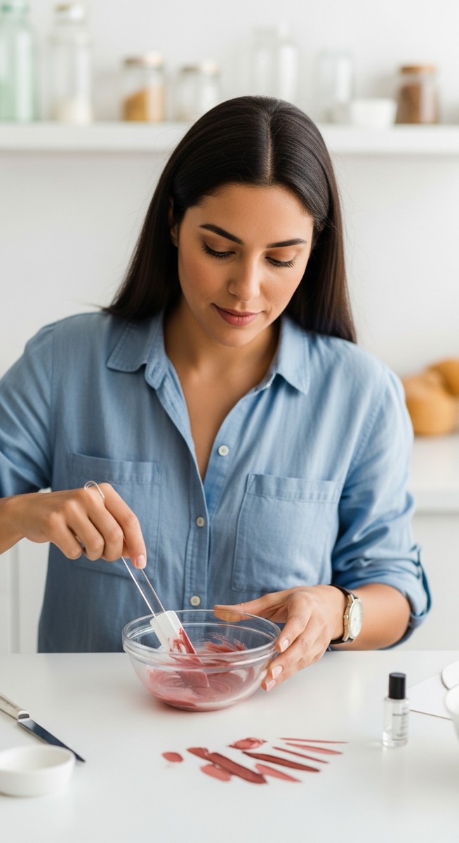 woman mixing a batch of lip colour in a glass bowl at a craft table
