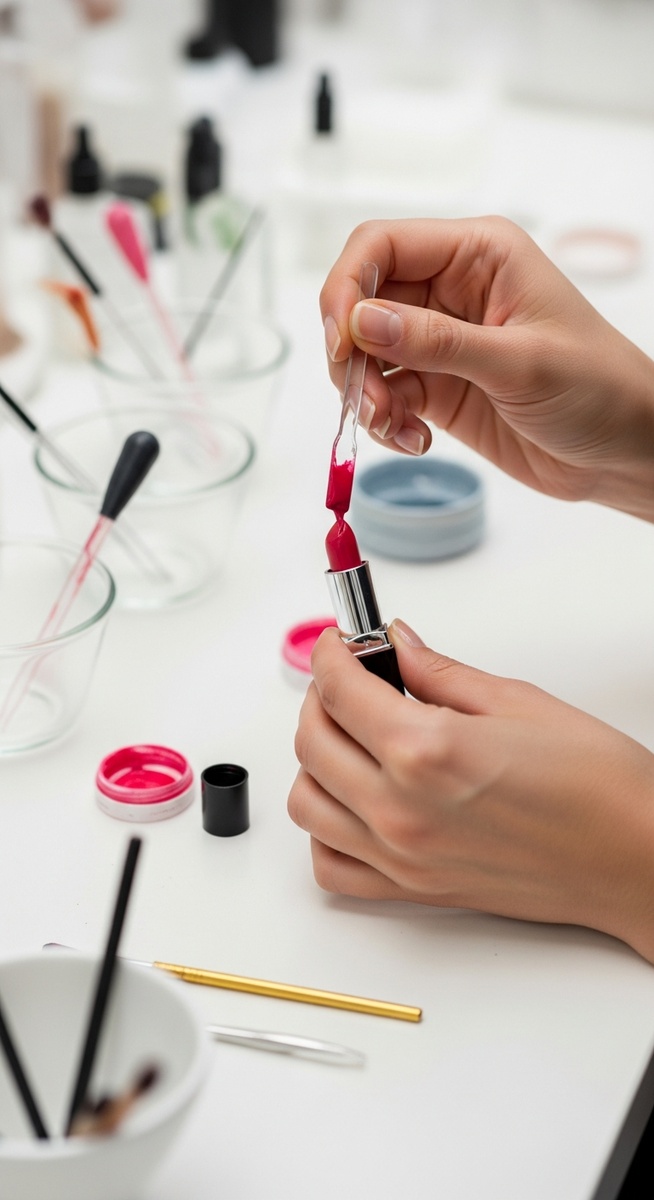 hands carefully filling a lipstick tube with a pigmented mixture on a clean counter