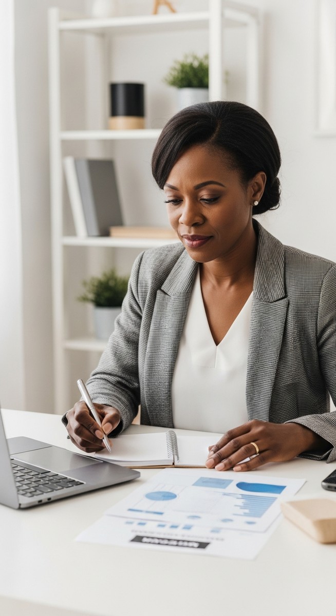 woman planning her lipstick product range on a laptop with a notepad at a home desk