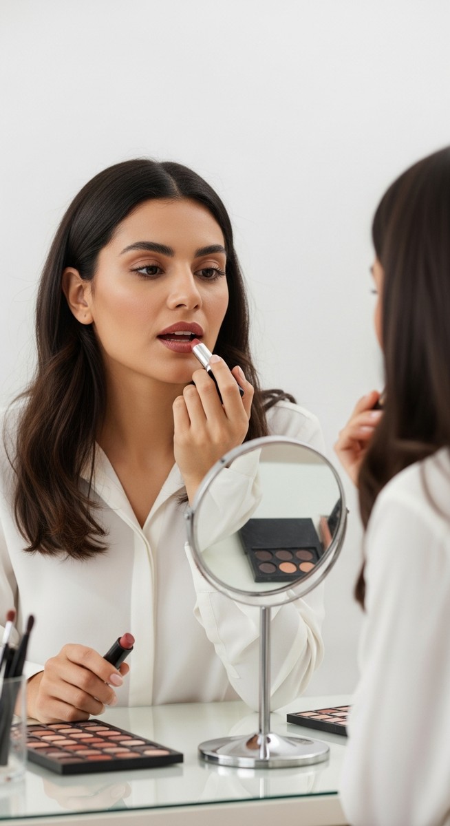 woman applying a finished lipstick shade and examining the colour in a mirror