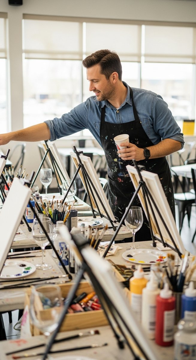 man setting up canvases and wine glasses in a paint and sip studio