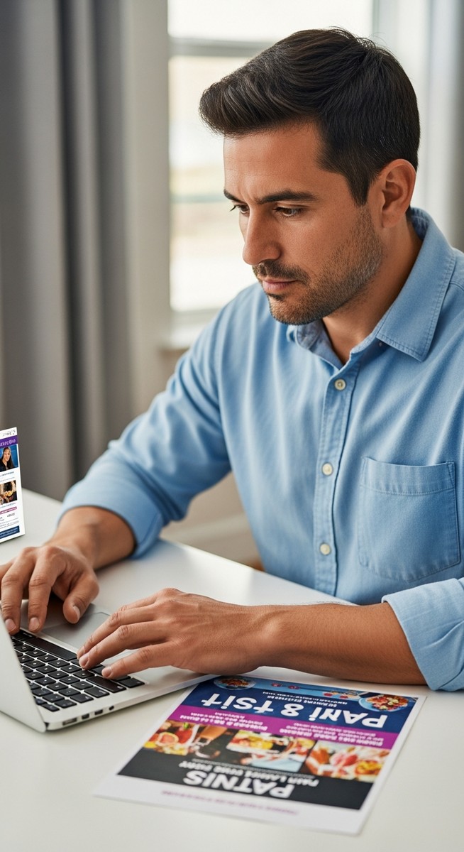 man reviewing event booking software on a laptop with a paint and sip flyer beside him