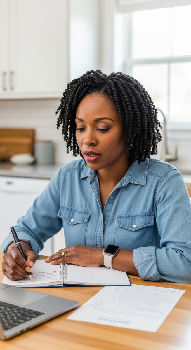 woman planning a paint and sip business on a laptop with a notepad at a kitchen table