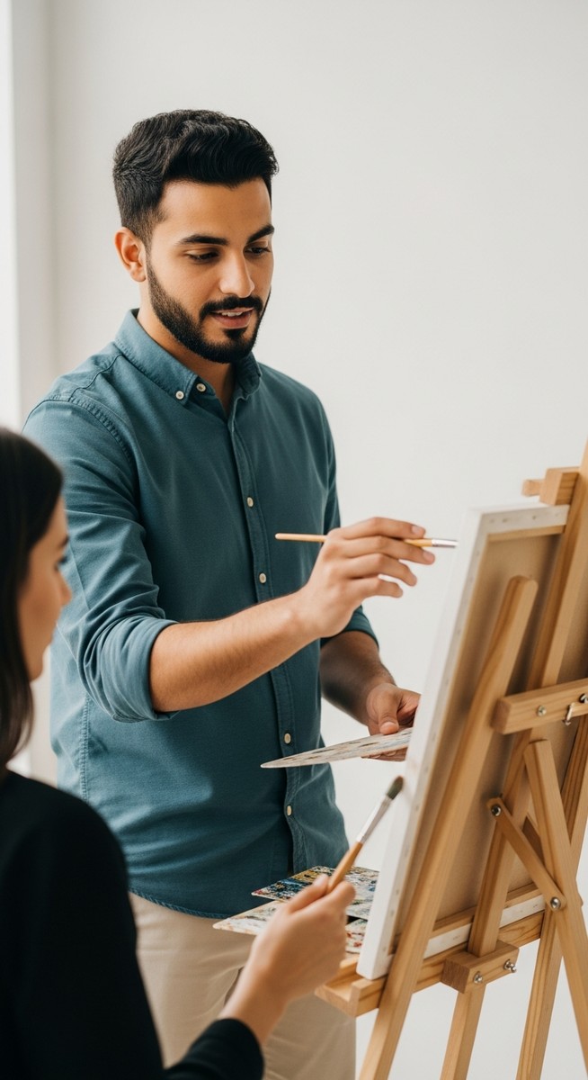 man demonstrating a brush technique to a participant at an easel in a studio