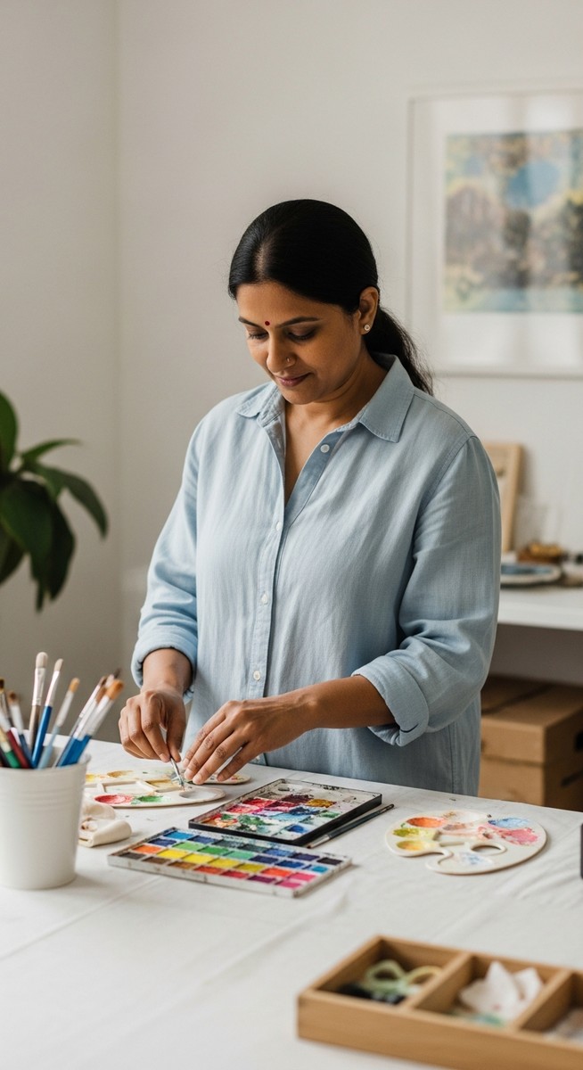woman preparing paint palettes and brushes at a craft table before a class