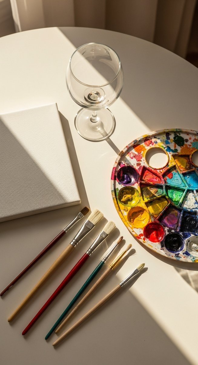 flatlay of a small canvas, paintbrushes, a paint palette and a wine glass on a studio table