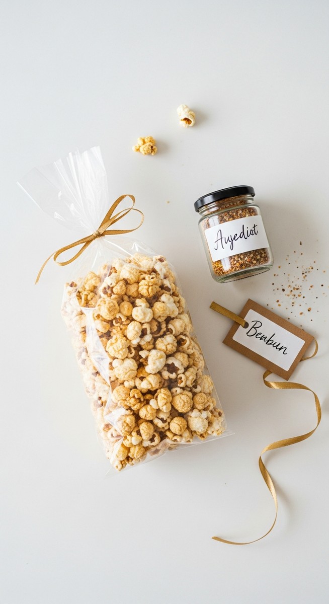 flatlay of a packaged popcorn bag, seasoning jar, a handwritten label and ribbon on a white kitchen surface