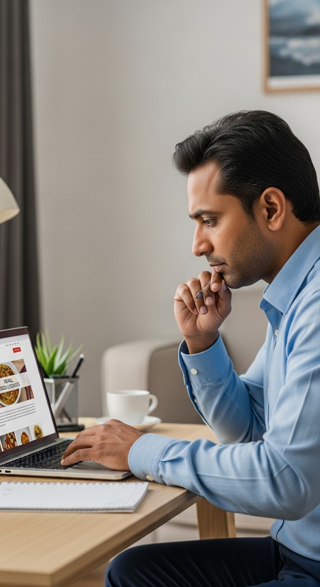 man researching food business licensing on a laptop at a home desk