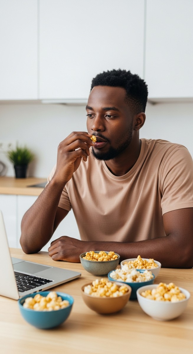 man tasting popcorn samples at a kitchen table with a laptop