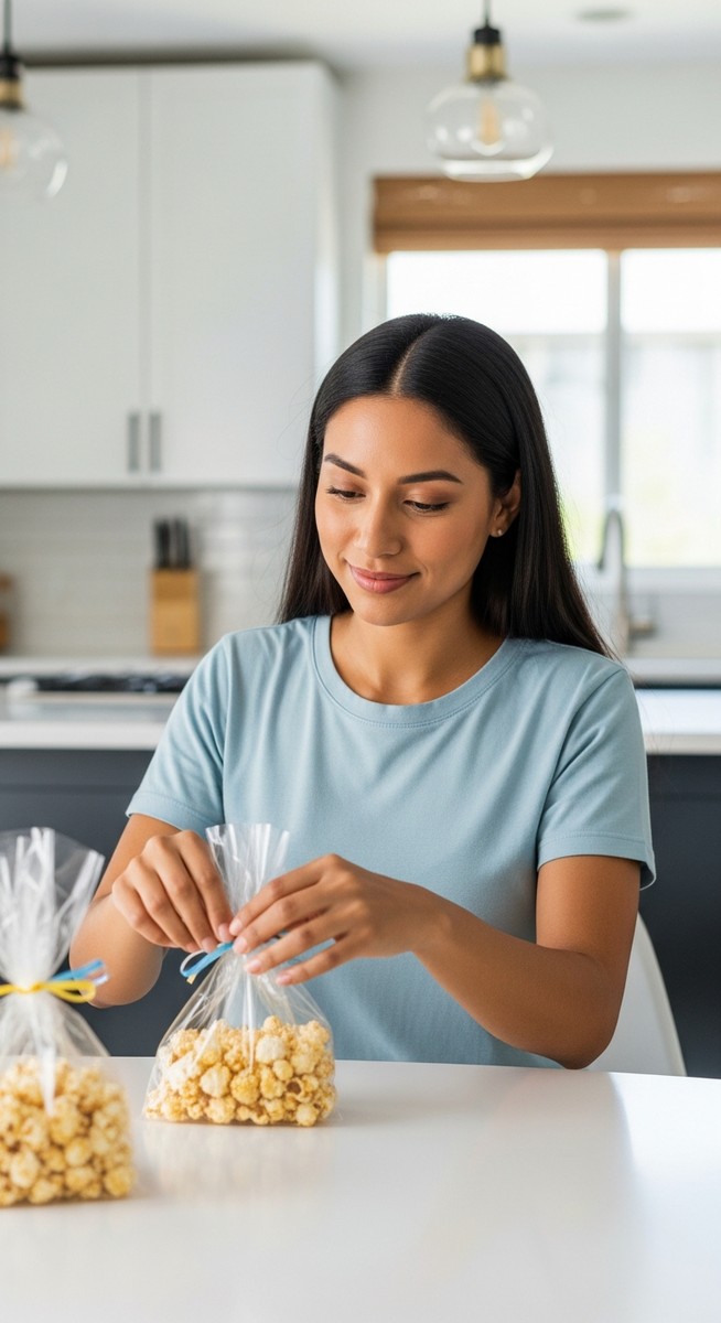 woman packaging popcorn into clear bags with ribbon at a kitchen table