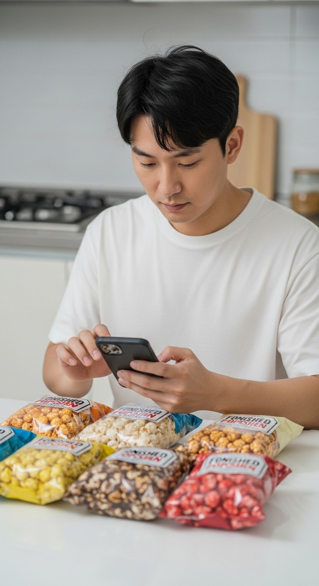 man photographing packaged popcorn bags on a kitchen table for an online listing