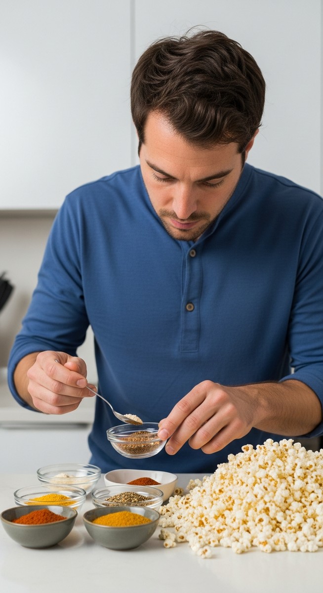 man measuring popcorn seasonings at a kitchen counter with a large batch of popcorn