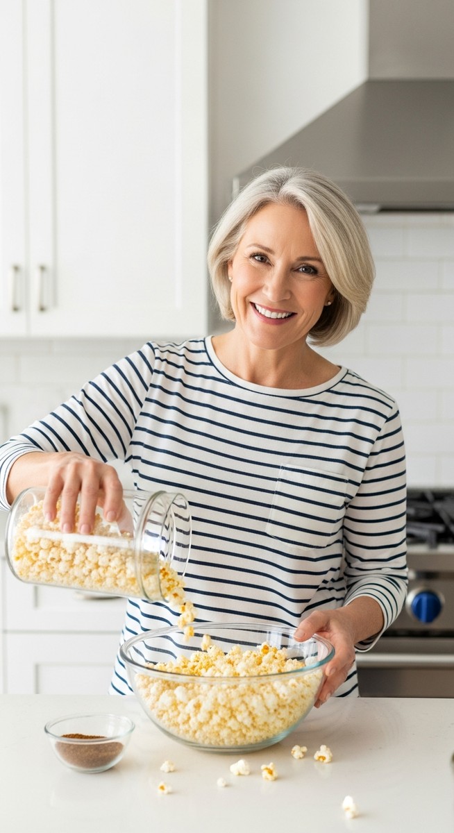 woman pouring freshly popped popcorn into a mixing bowl in a bright kitchen