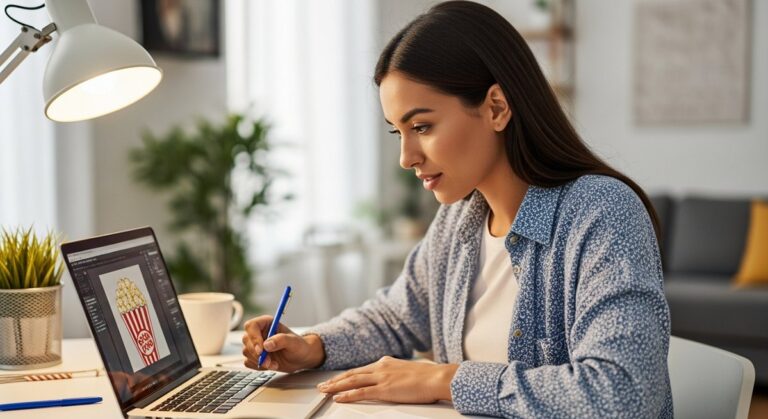 woman designing a popcorn product label on a laptop at a home desk