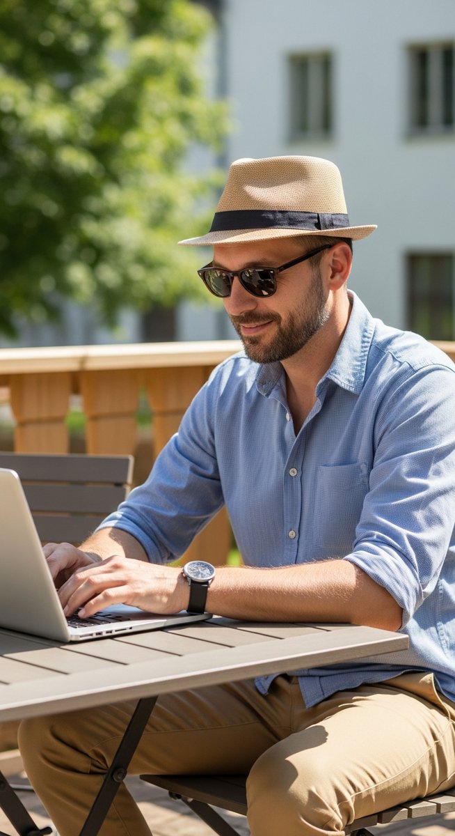man working on his laptop outdoors on a sunny patio