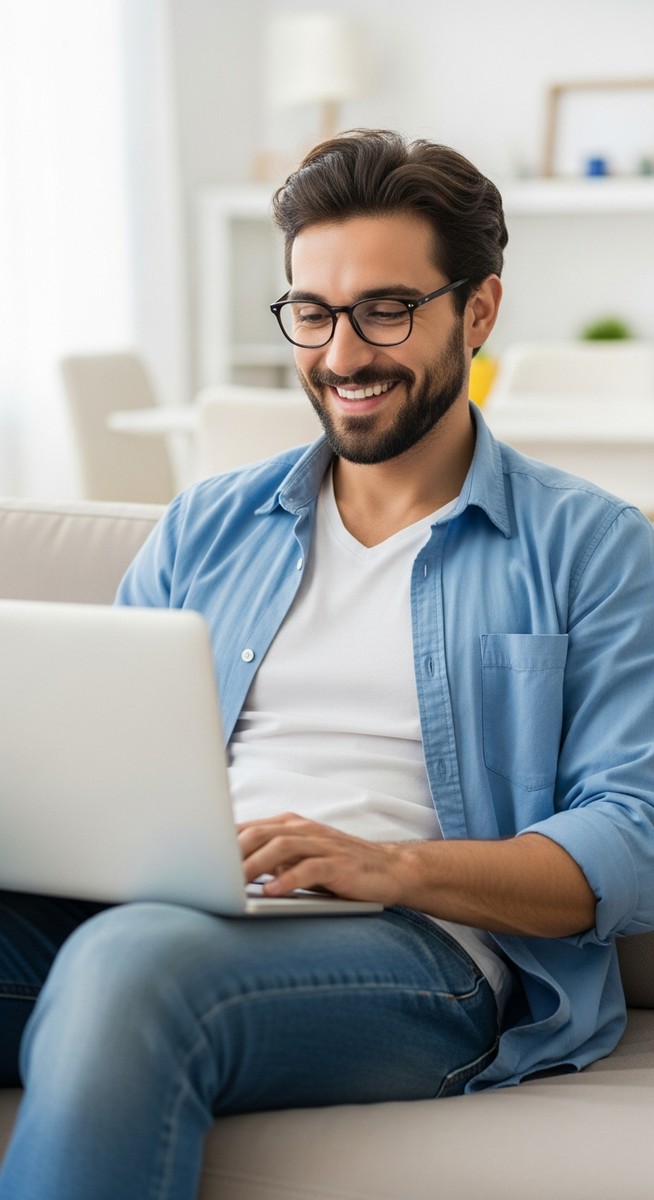 a man working on his laptop on a sofa at home for stay-at-home dads