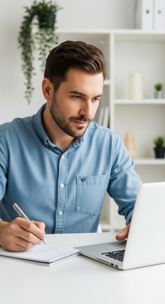 man taking notes next to his laptop at a home desk