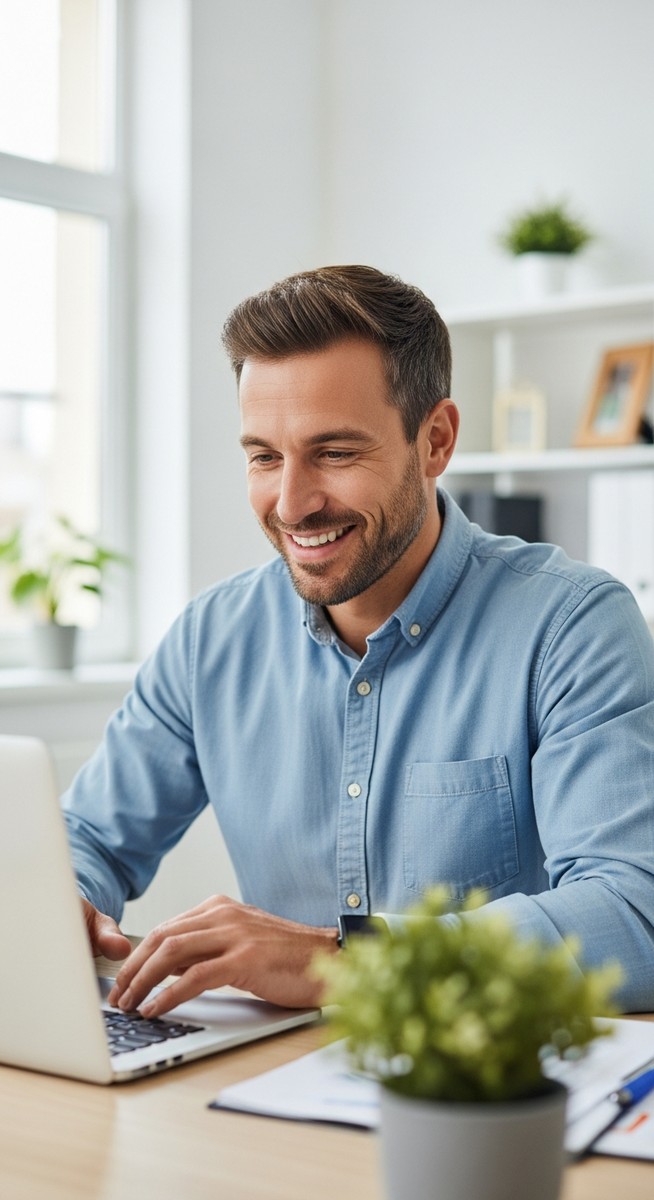 man looking satisfied at his laptop at his home desk