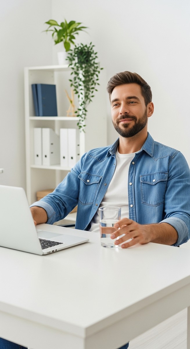 a man relaxed and confident working from home at his desk for stay-at-home dads