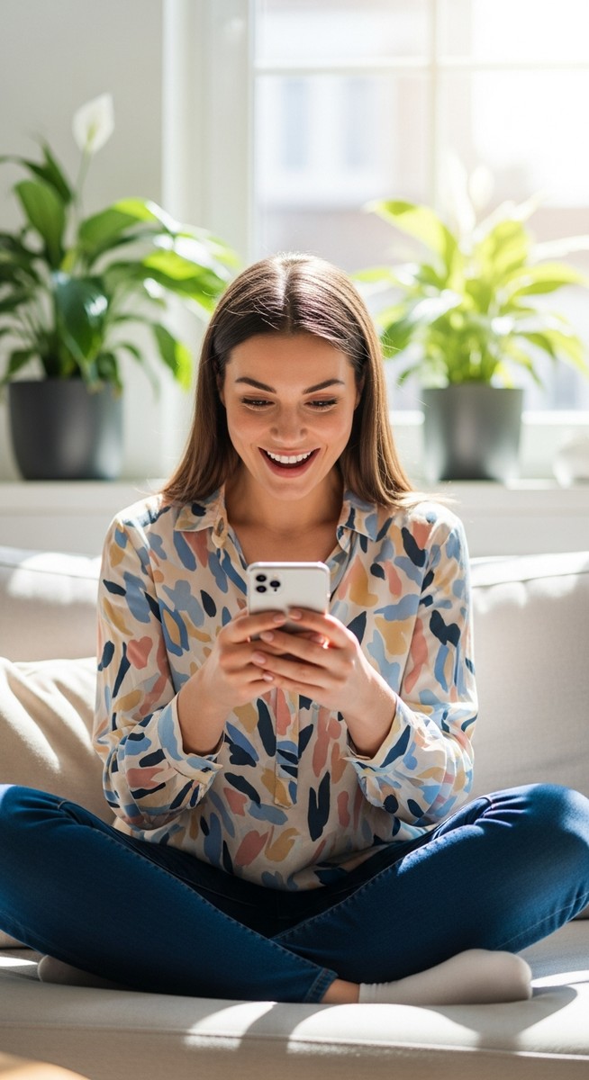 woman smiling at her phone in a bright living room