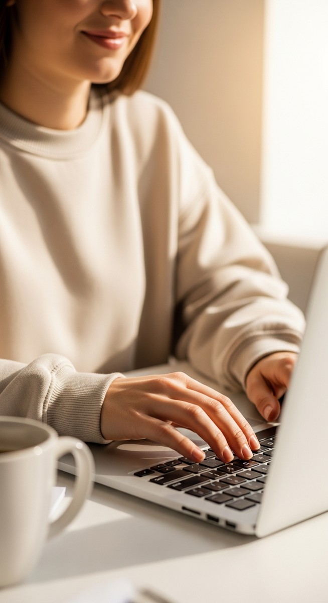 woman typing on a laptop at a bright clean desk