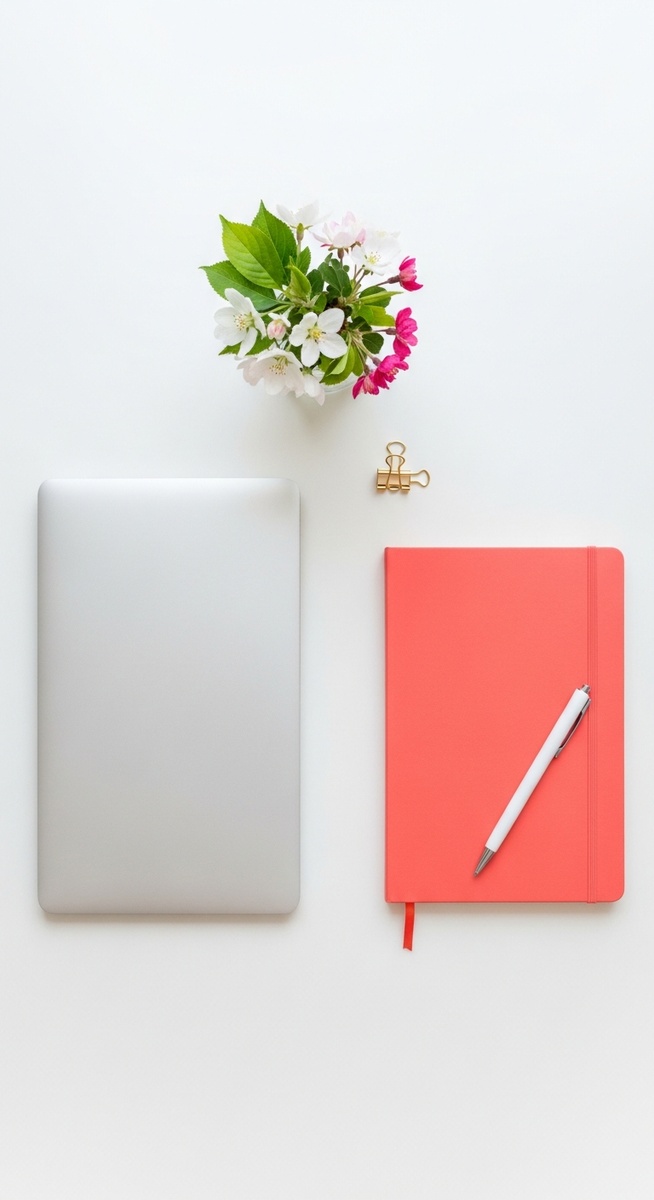 flatlay with laptop and other items on a white surface