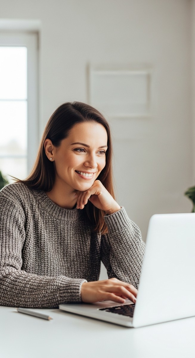 woman working confidently on her laptop at a bright home desk
