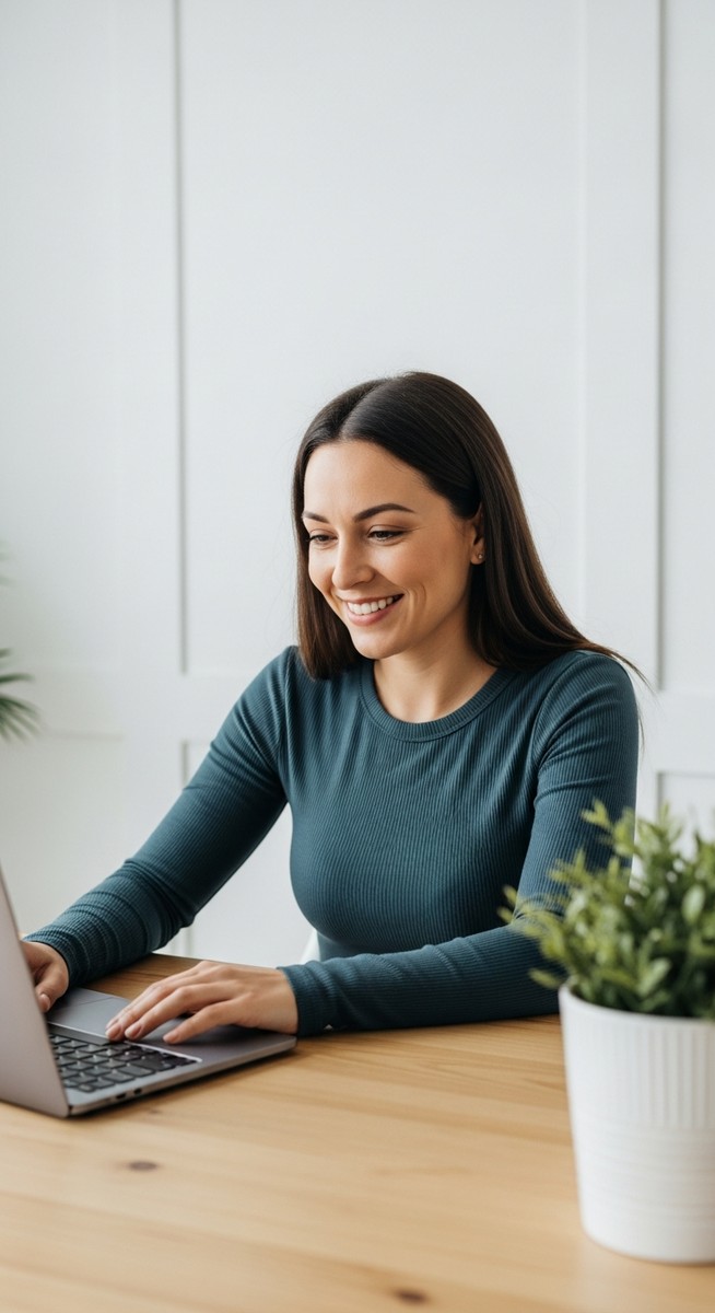 woman looking satisfied at her laptop screen at home