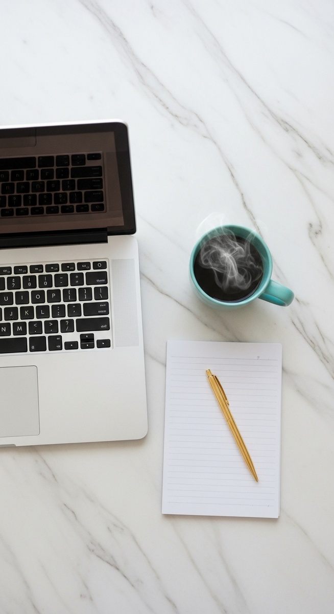 flatlay of a laptop and teal mug on a marble surface