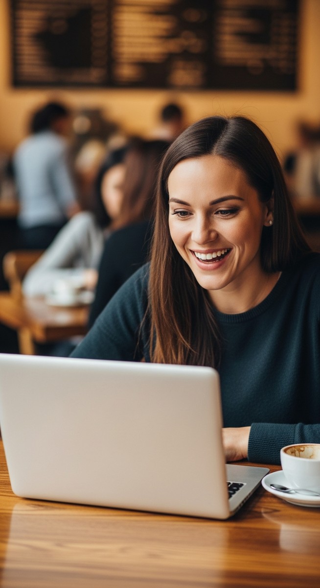 woman working happily on her laptop
