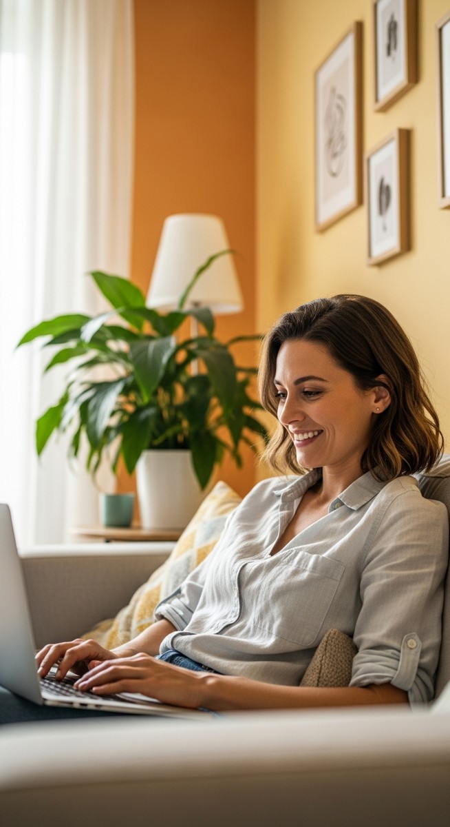 woman smiling while working on her laptop at home