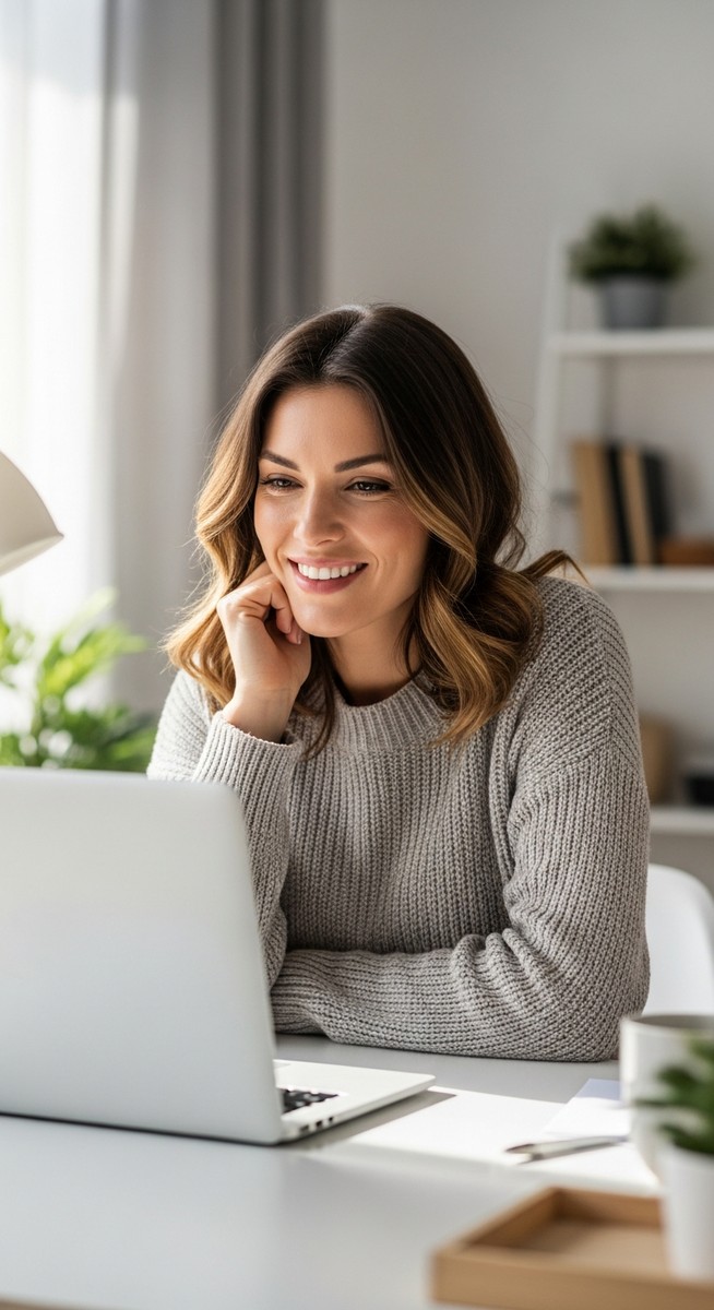 woman working confidently on her laptop at a bright home desk