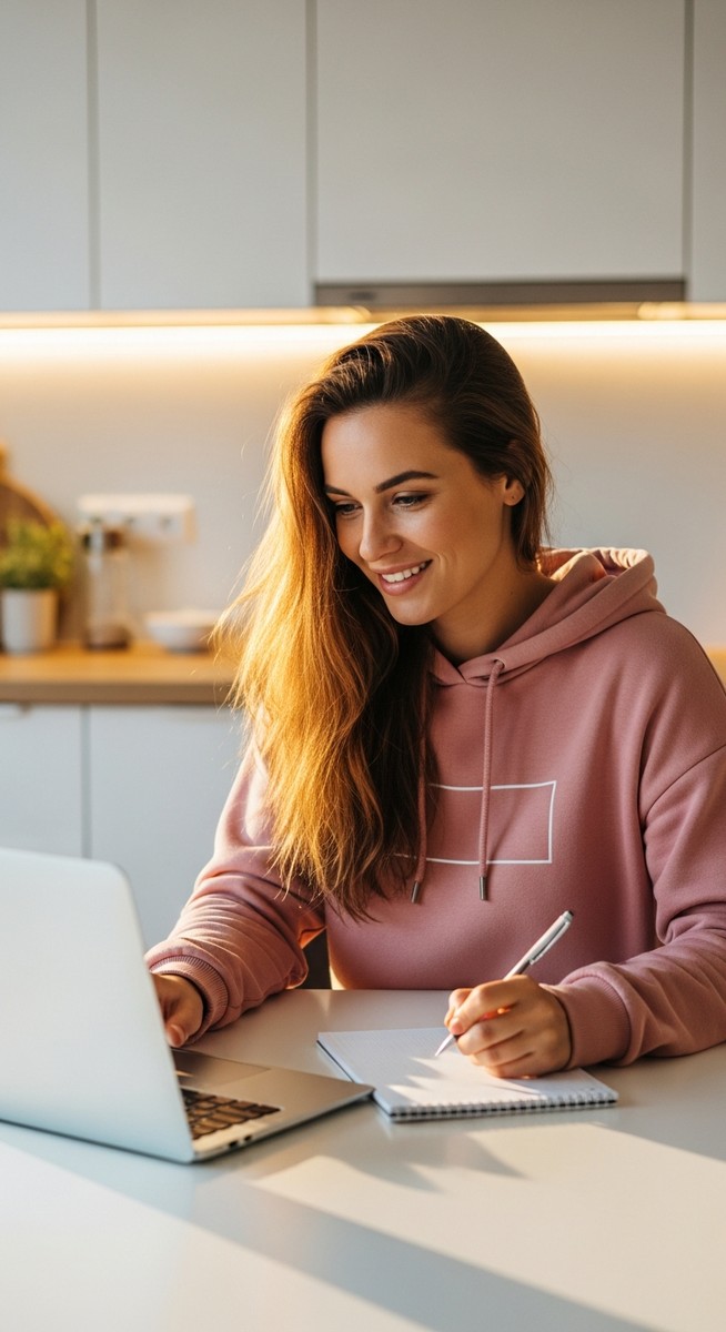 a young woman taking notes next to her laptop at a kitchen table to make money