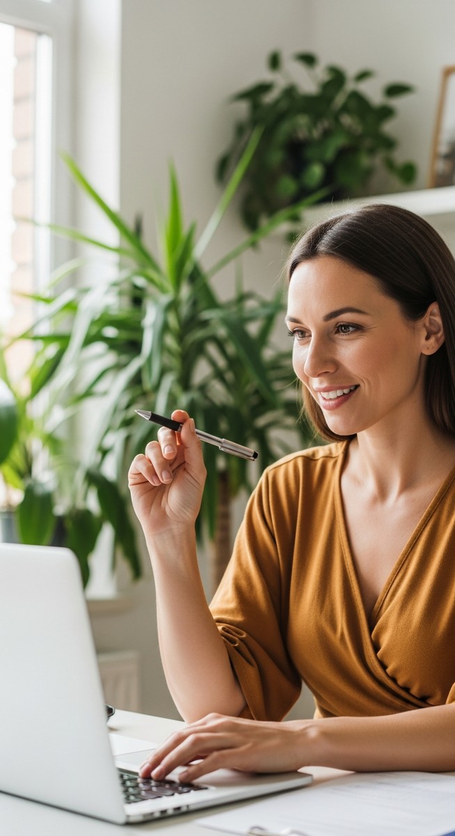 a woman smiling and thinking at her home office desk to make money