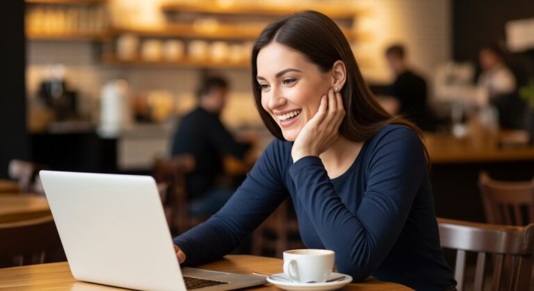 a woman working happily on her laptop to make money