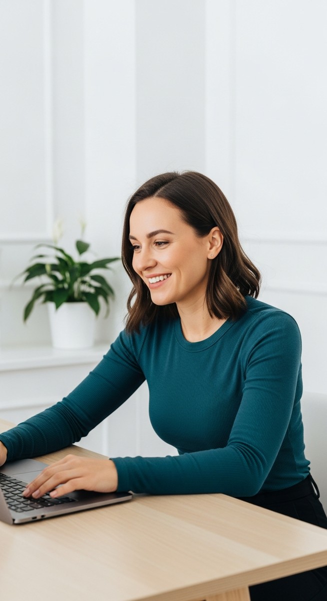 woman looking satisfied at her laptop screen at home